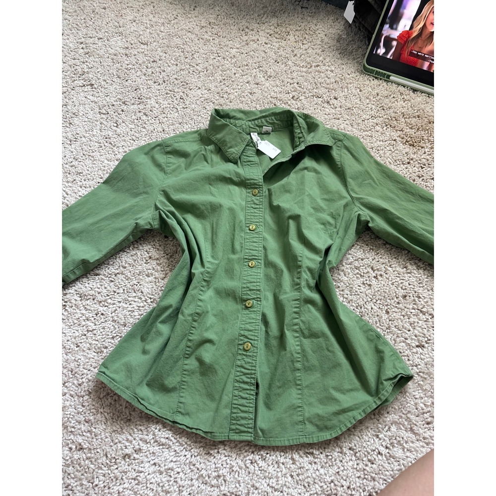 vintage Green Button Down Blouse St. John's Bay Stretch Workwear Top PM